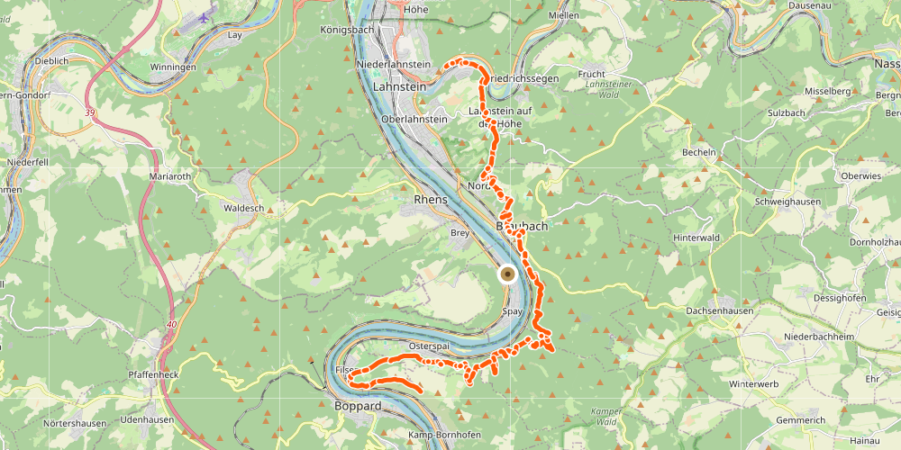 Karte: Rheinsteig-Etappen 11 und 12 (Niederlahnstein - Braubach - Kamp-Bornhofen) gegen&uuml;ber Spay